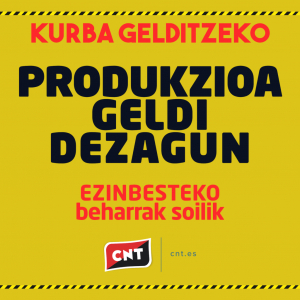 CNT sindikatuak Gobernuari exijitzen dio telelana bere gain hartzera behartzeko, funtsezkoa ez den jarduera oro eteteko eta kaleratze produktiboak baliogabetzeko.